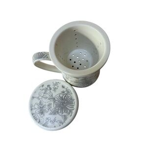 Teavana Linea Rose Infuser Mug 10oz Bone China White Gray 3 pc Set